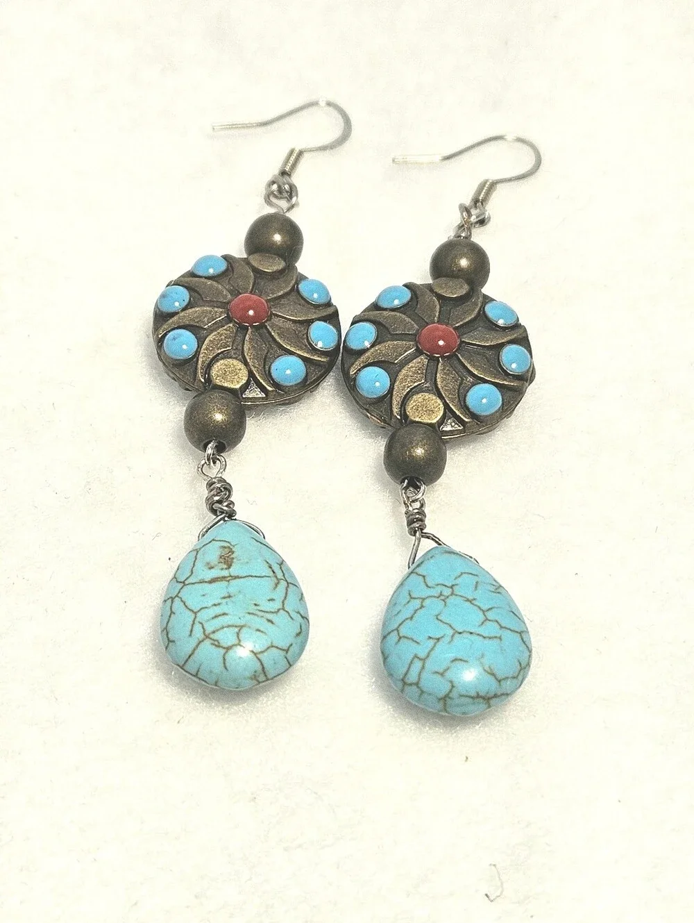 Bohemian Southwestern Turquoise Teardrop & Bronze Inlay Dangle Earrings